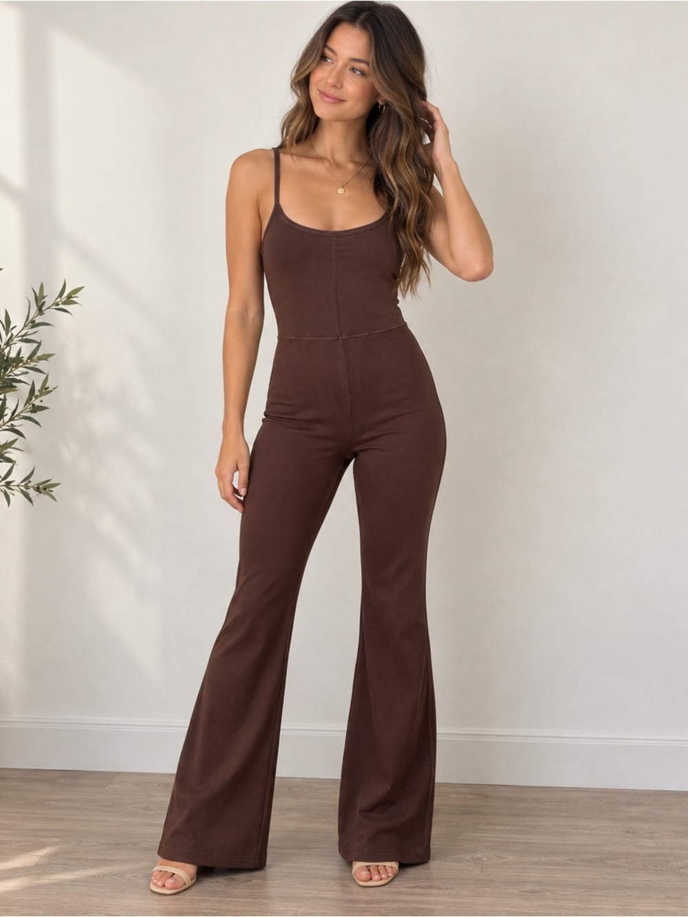QINSEN Chocolate Brown Flare Jumpsuit Size Large